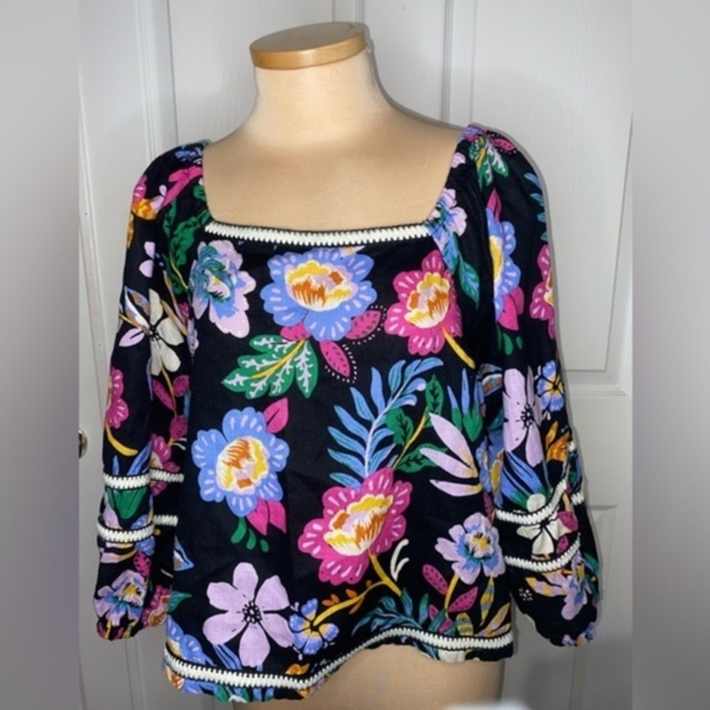 C&C California Black 100% Linen Blouse w/ Colorful Floral Print Top L, Boho, Fun